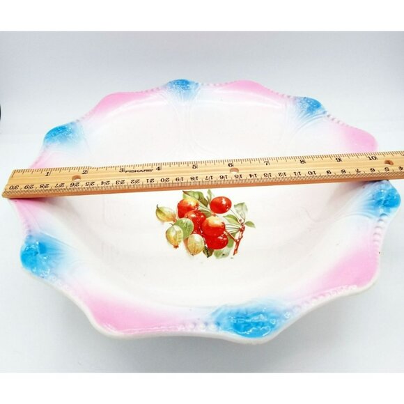 Serving Bowl SC Co Akron Pink Blue Scalloped Edge Cherries 10.5" 1940s Antique - Picture 3 of 15